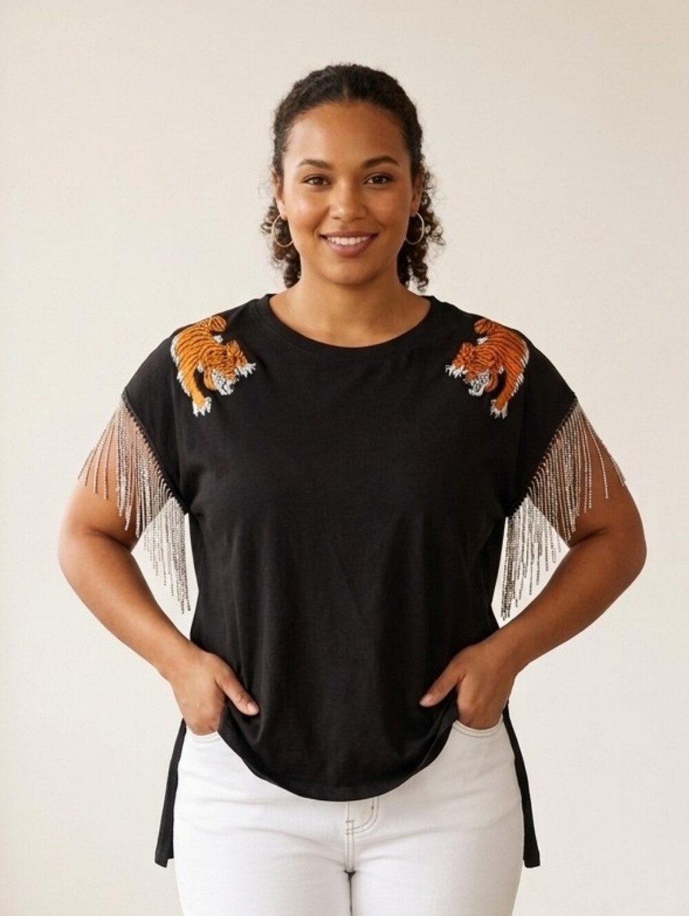 Fantastic Fawn Black Cotton Top With  Embroidered Tigers And Metal Fringe